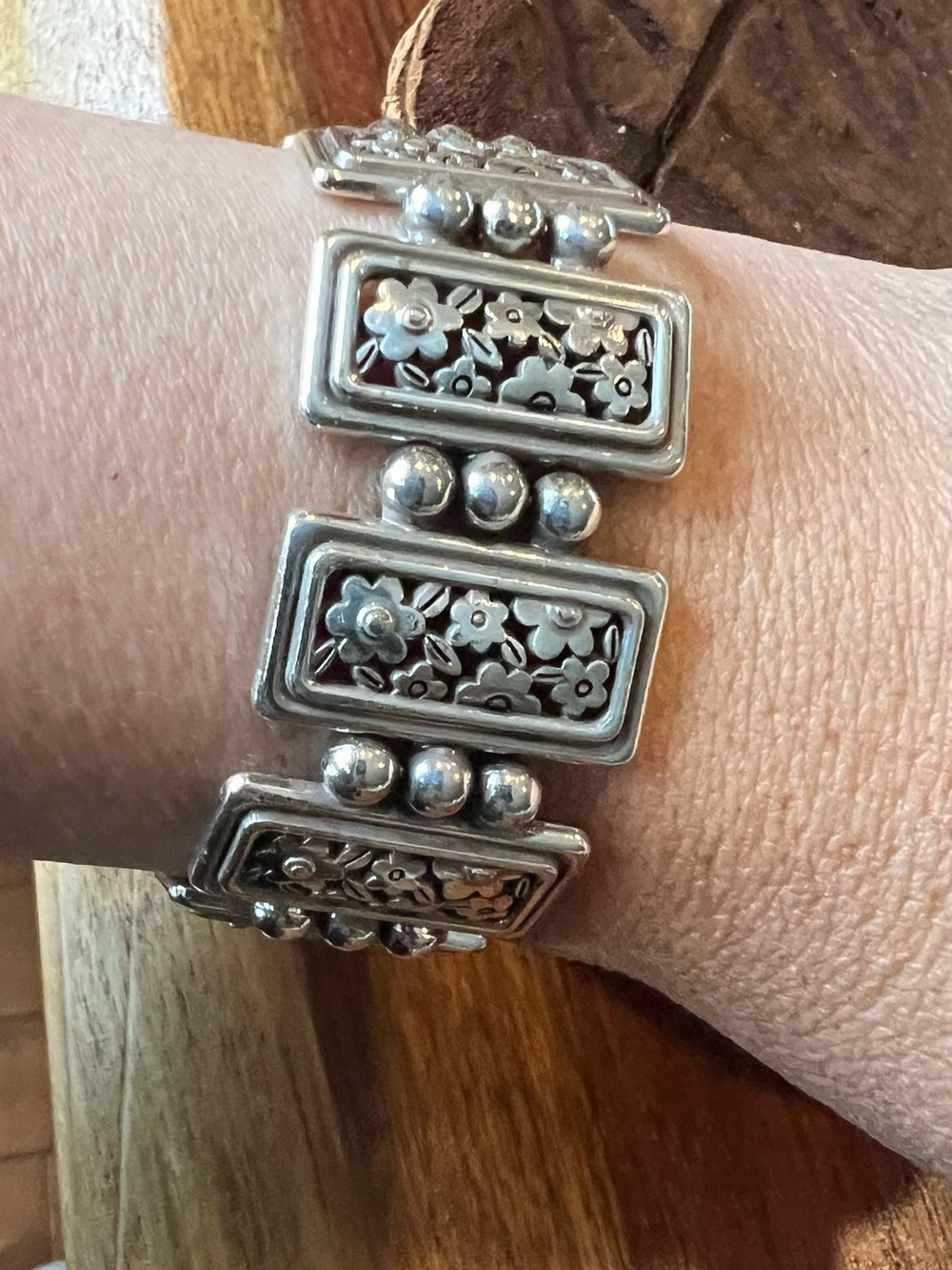 Brighton Floral Bracelet  Fine Silver Plated Large Rectangles Flowers Spring 7”